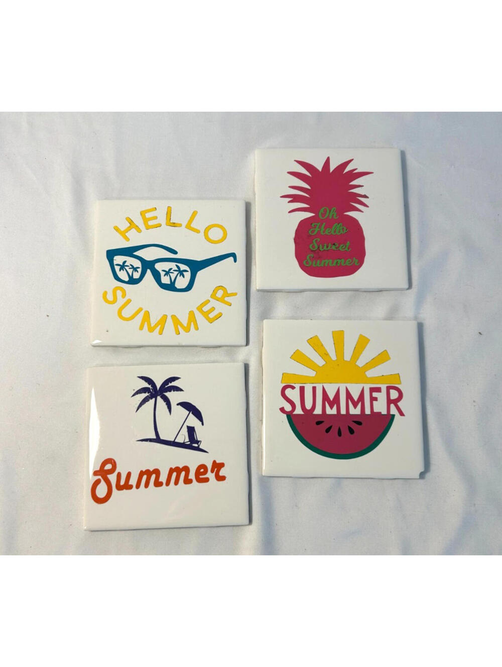 Set of 4 Summer Coasters – Colorful Ceramic Tiles with Fun Seasonal Graphics